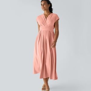 Sculpted Waist Coral Pink Midi Wrap Dress